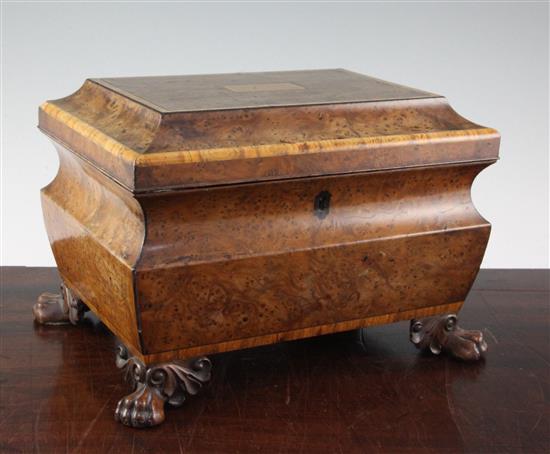 A 19th century rectangular burr yew wood two division tea caddy, 12in.